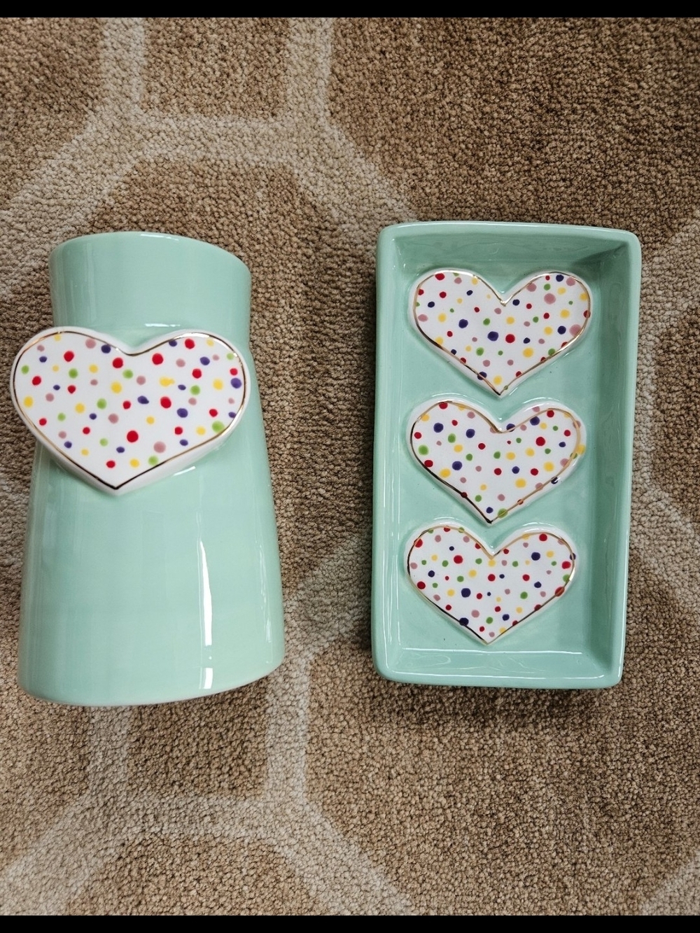 GLORY HAUS Mint Ceramic Heart Trinket Dishes with Confetti Hearts